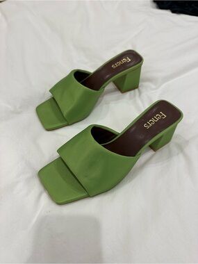 Feners Green Square-Toe Block Heel Mules
